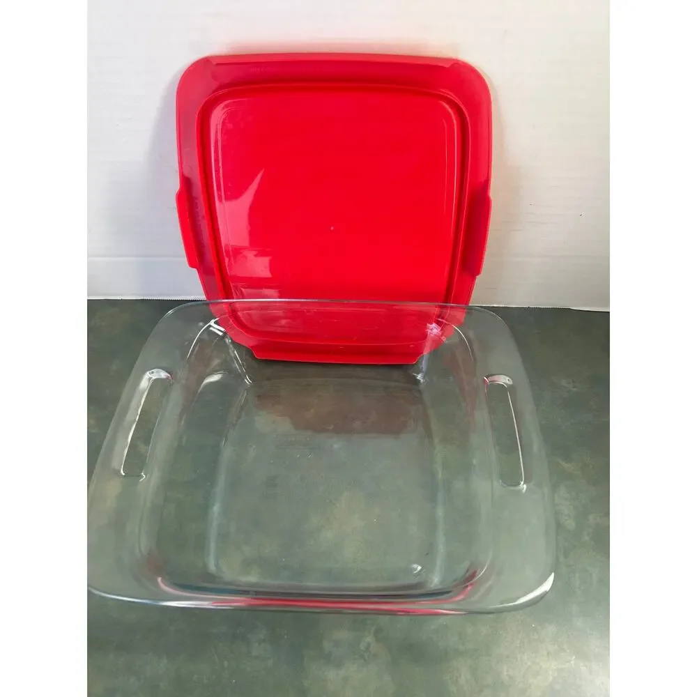 Pyrex 8x8 Glass Baking Dish C-222 w/ Red Lid 2 Qt USA Oven Safe Food Storage